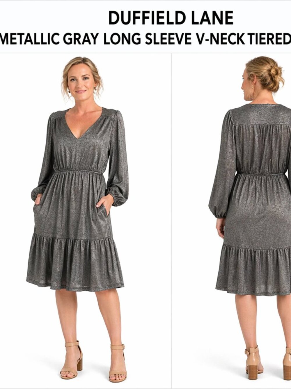 Duffield Lane Metallic Gray V-Neck Tiered Dress L